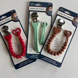 Itzy Ritzy Sweetie Strap Bundle 3‎ Piece Neutral Red Mint Brown Paci Strap NEW